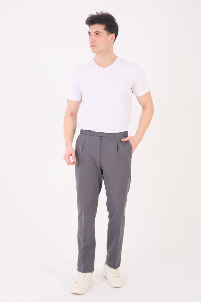 Erkek Gri Slim Fit İtalyan Kesim Kemer Detaylı Klasik Pantolon 012 Model - Görsel 1