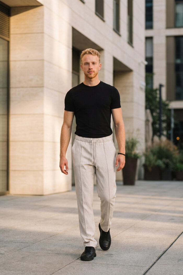 Erkek Krem Jogger Pantolon Bel Lastikli Bağcıklı Rahat Kalıp 01 Model - Görsel 6