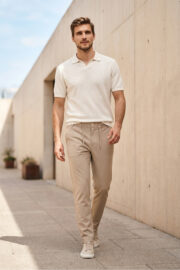 Erkek Bej Slim Fit Bel Lastikli Bağcıklı Pantolon 025 Model