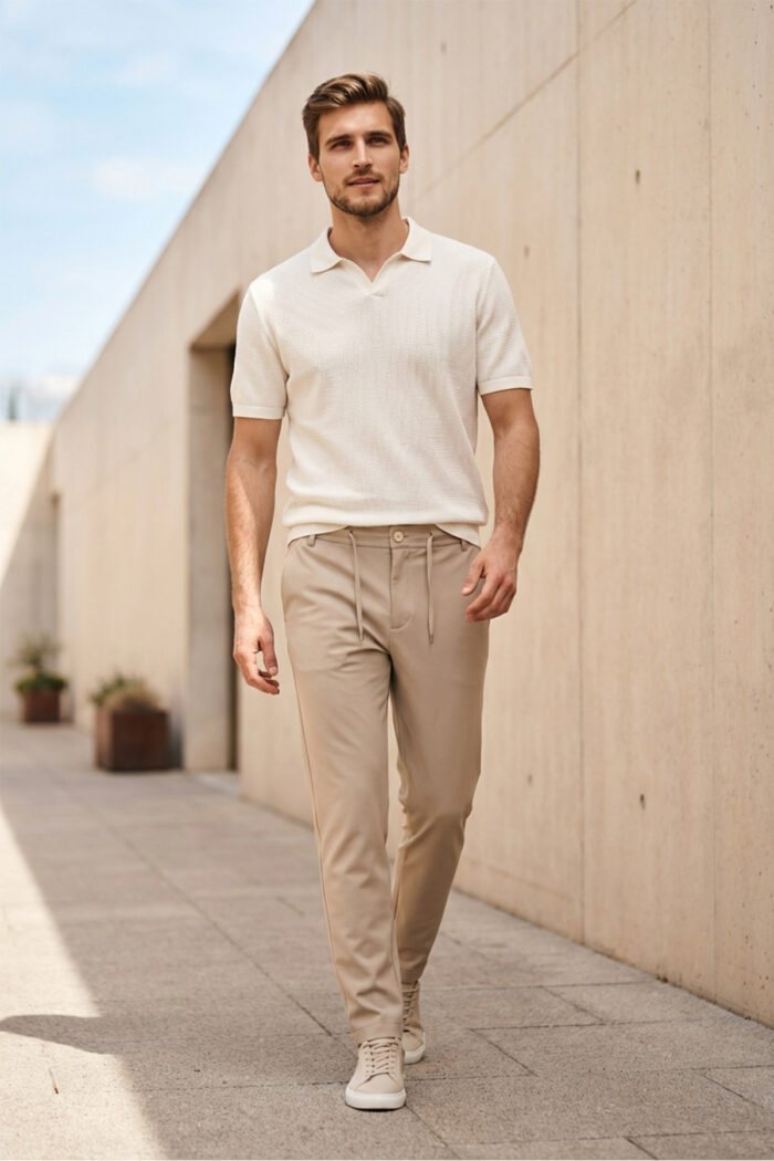 Erkek Bej Slim Fit Bel Lastikli Bağcıklı Pantolon 025 Model - Görsel 1