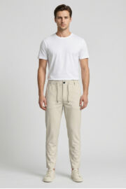 Erkek Ekru Slim Fit Bel Lastikli Bağcıklı Pantolon 025 Model