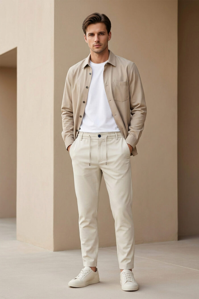 Erkek Ekru Slim Fit Bel Lastikli Bağcıklı Pantolon 025 Model - Görsel 3