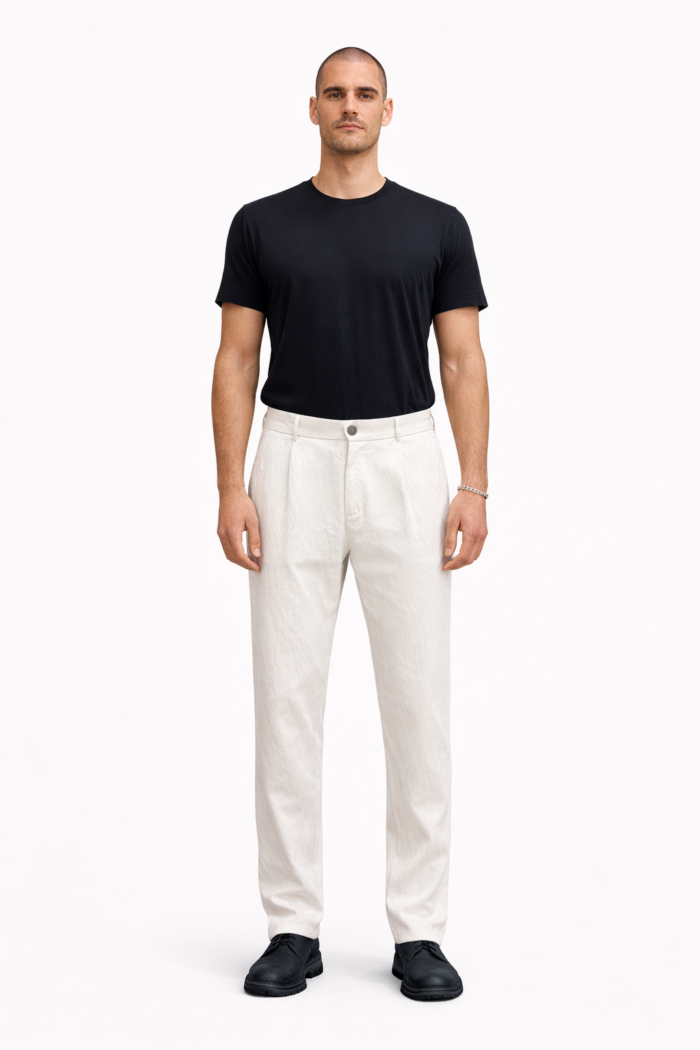 02bej01 Erkek Krem Çizgili Dokuma Fit Casual Pantolon 02 Model - Görsel 1