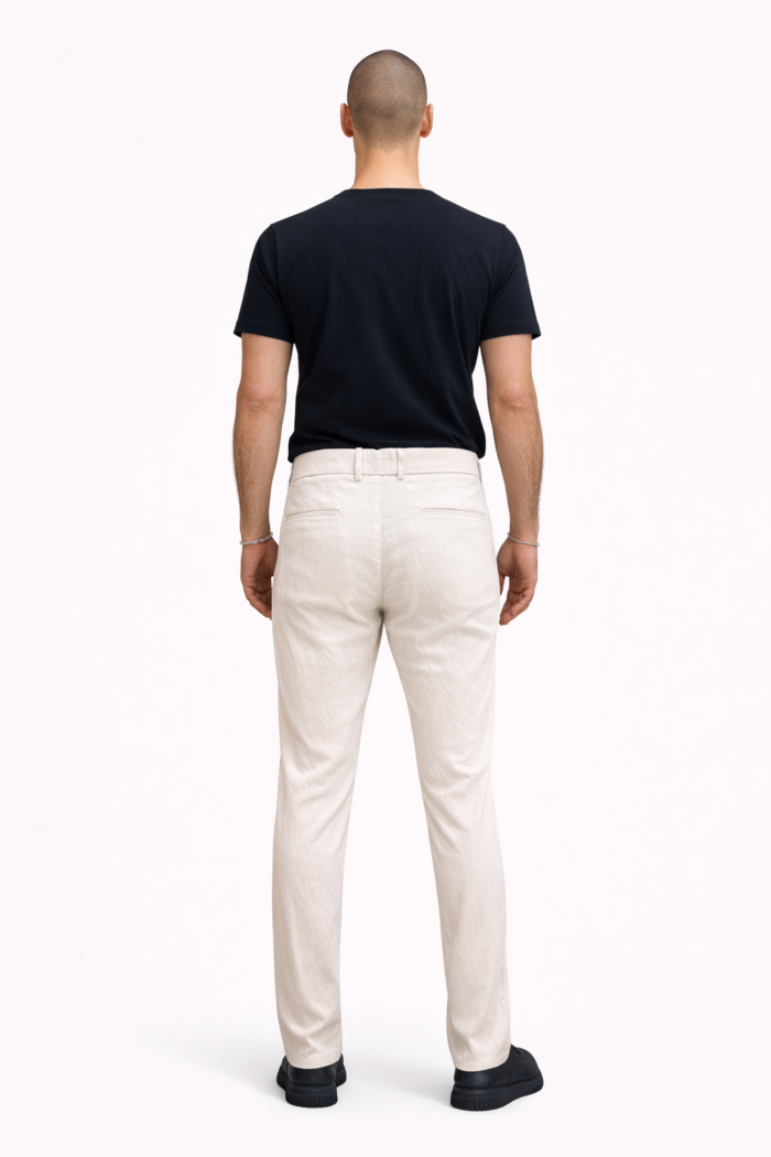 Erkek Krem Çizgili Dokuma Fit Casual Pantolon 02 Model - Görsel 2