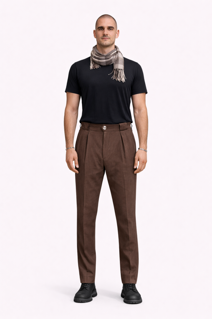 Erkek Kahve Pileli Yarı Şalvar Modal Kumaş Yan Bel Lastikli Metal Düğmeli Pantolon 03 Model - Görsel 1