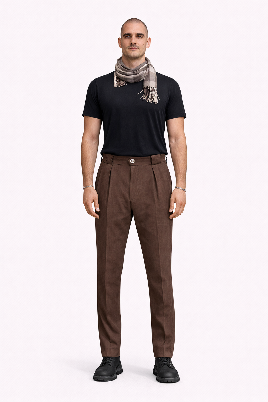 Erkek Kahve Pileli Yarı Şalvar Modal Kumaş Yan Bel Lastikli Metal Düğmeli Pantolon 03 Model