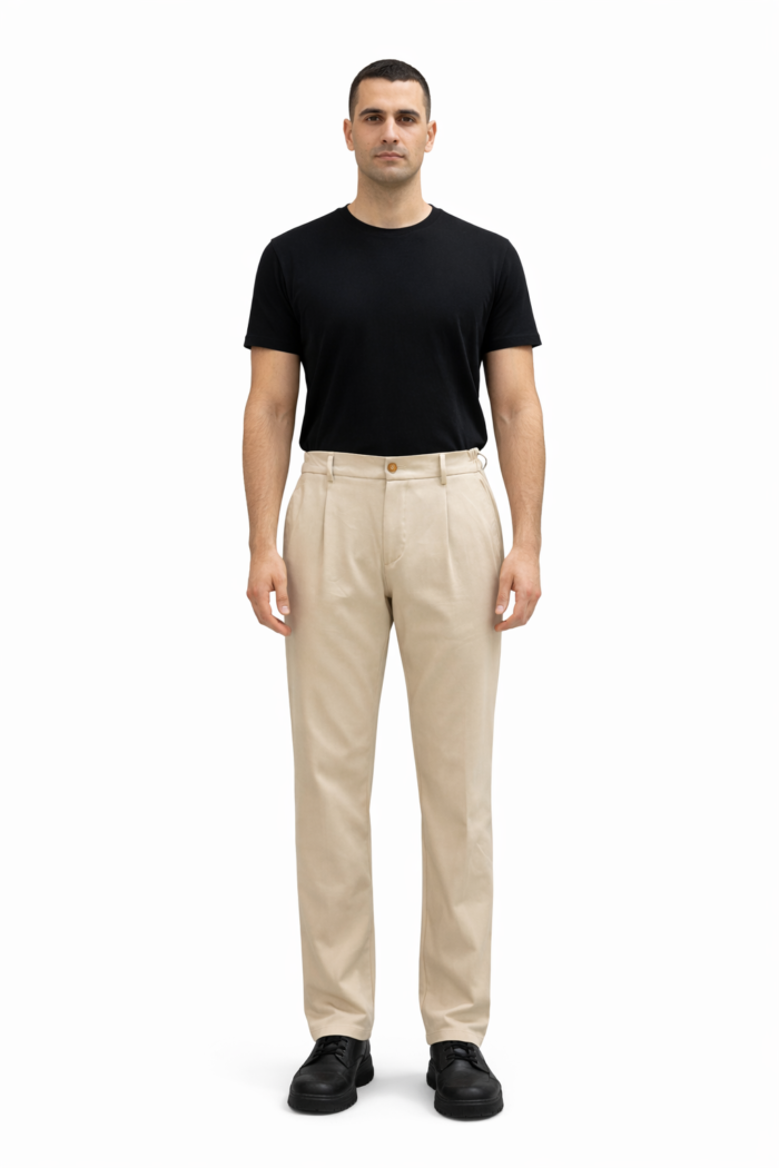 Erkek Bej Bel Lastikli Pile Detaylı Klasik Pantolon 04 Model - Görsel 1