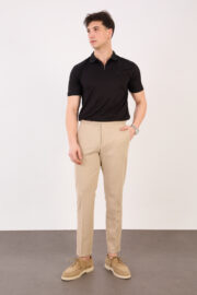 Erkek Bej Slim Fit İtalyan Kesim Yan Bel Toka Detaylı Klasik Pantolon 011 Model