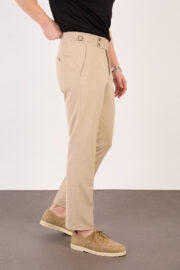 Erkek Bej Slim Fit İtalyan Kesim Yan Bel Toka Detaylı Klasik Pantolon 011 Model - Görsel 3