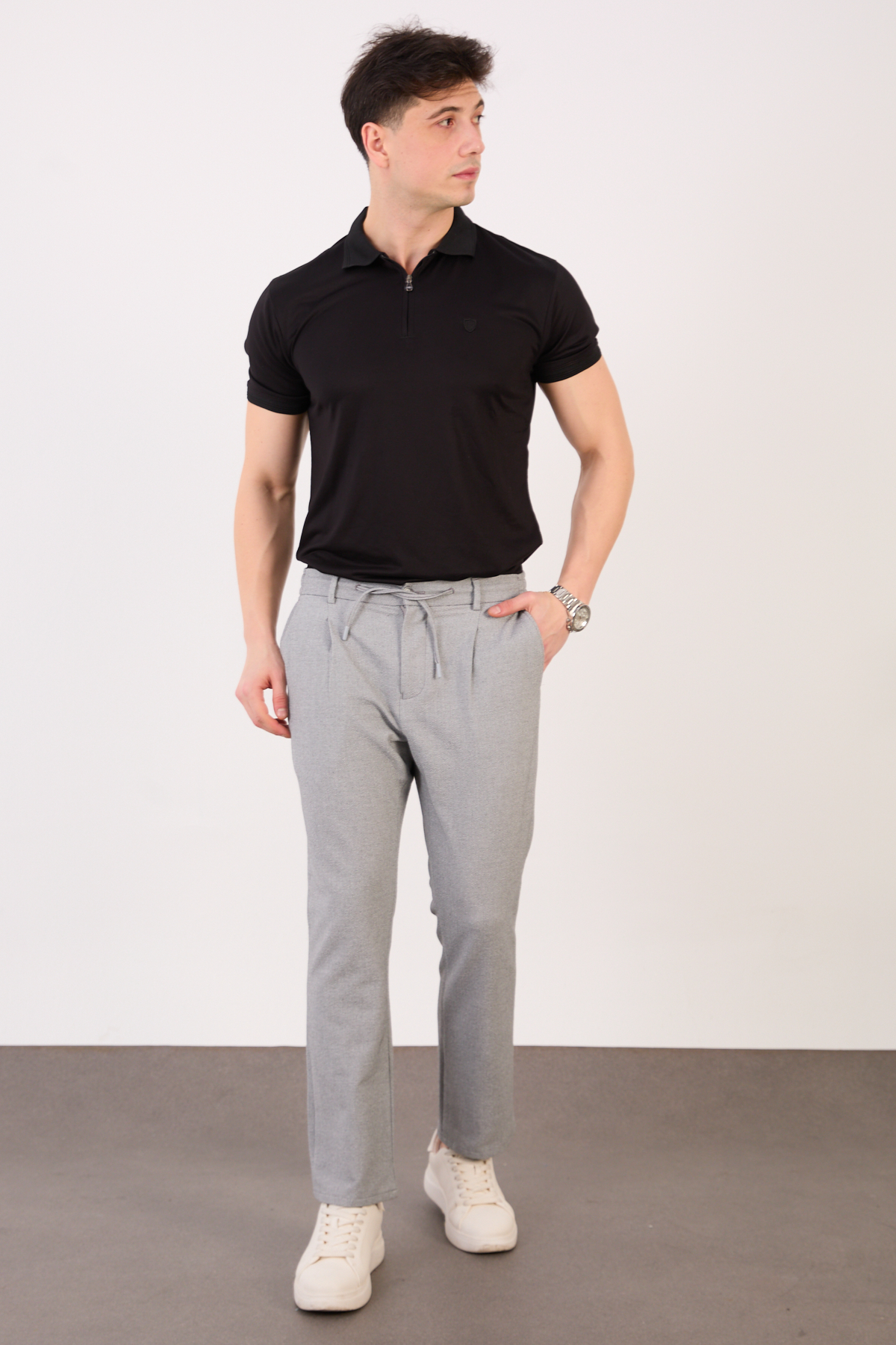 IMGL1309 Erkek Gri Jogger Pantolon Yan Bel Lastikli Bağcıklı Gofre Kumaş 2525 Model - Görsel 1