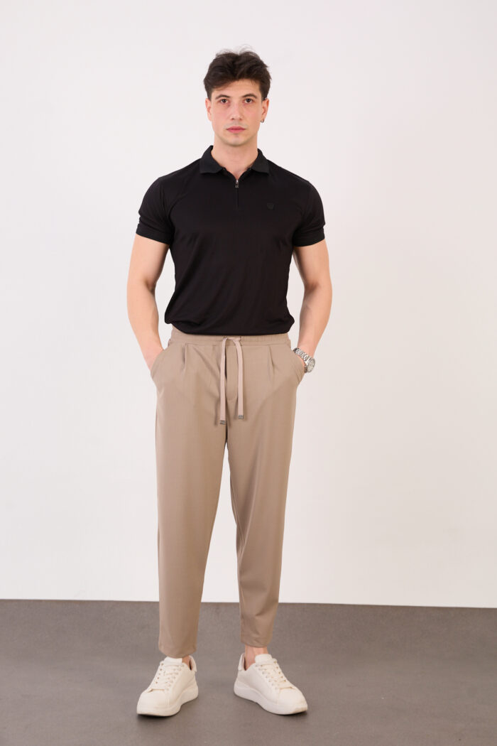 Erkek Bej Zara Kesim Yarı Şalvar Lastikli Bağcıklı Pantolon 2606 Model - Görsel 1