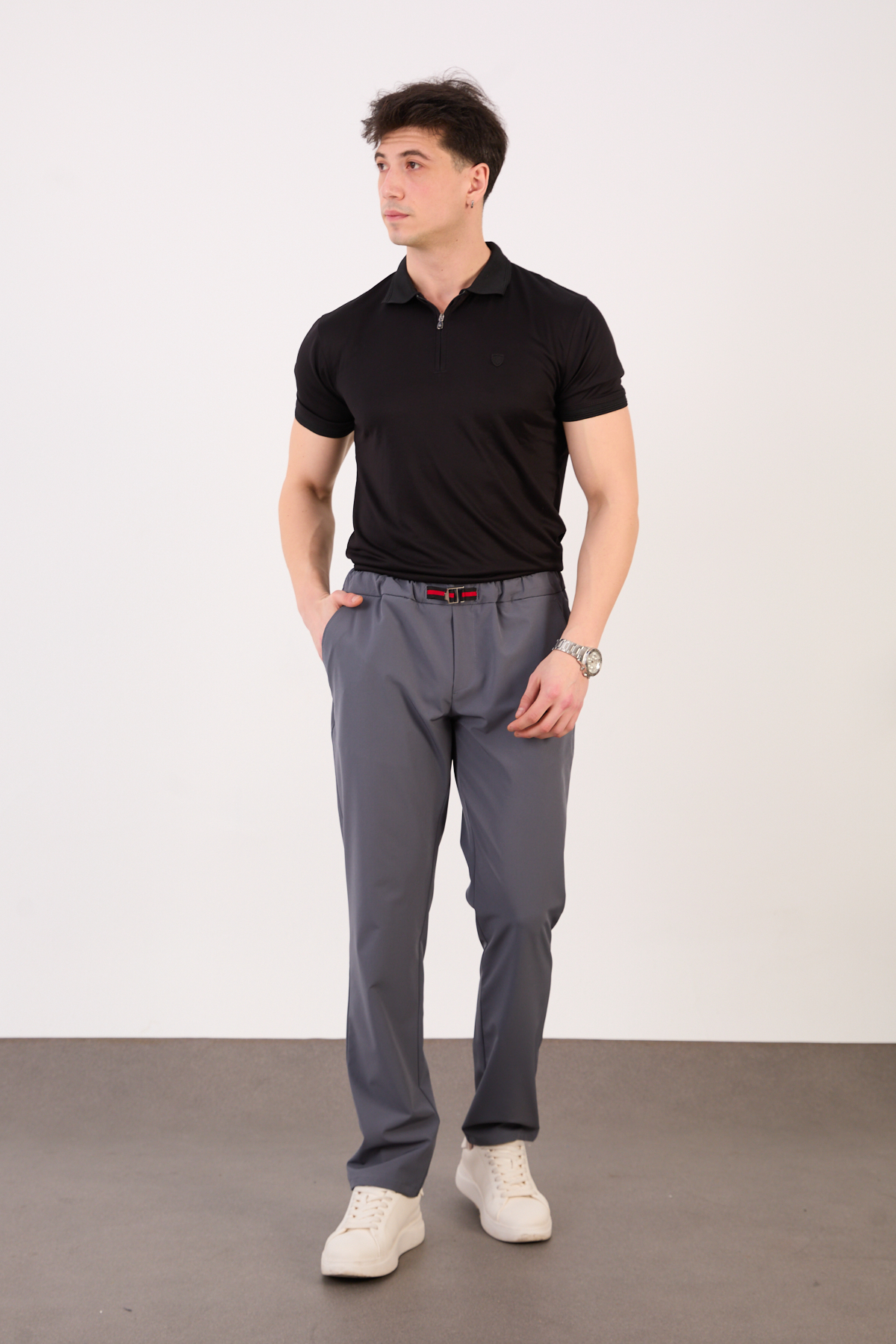 Erkek Gri Paraşüt Pantolon Bel Lastikli Kuşaklı Rahat Günlük 06 Model