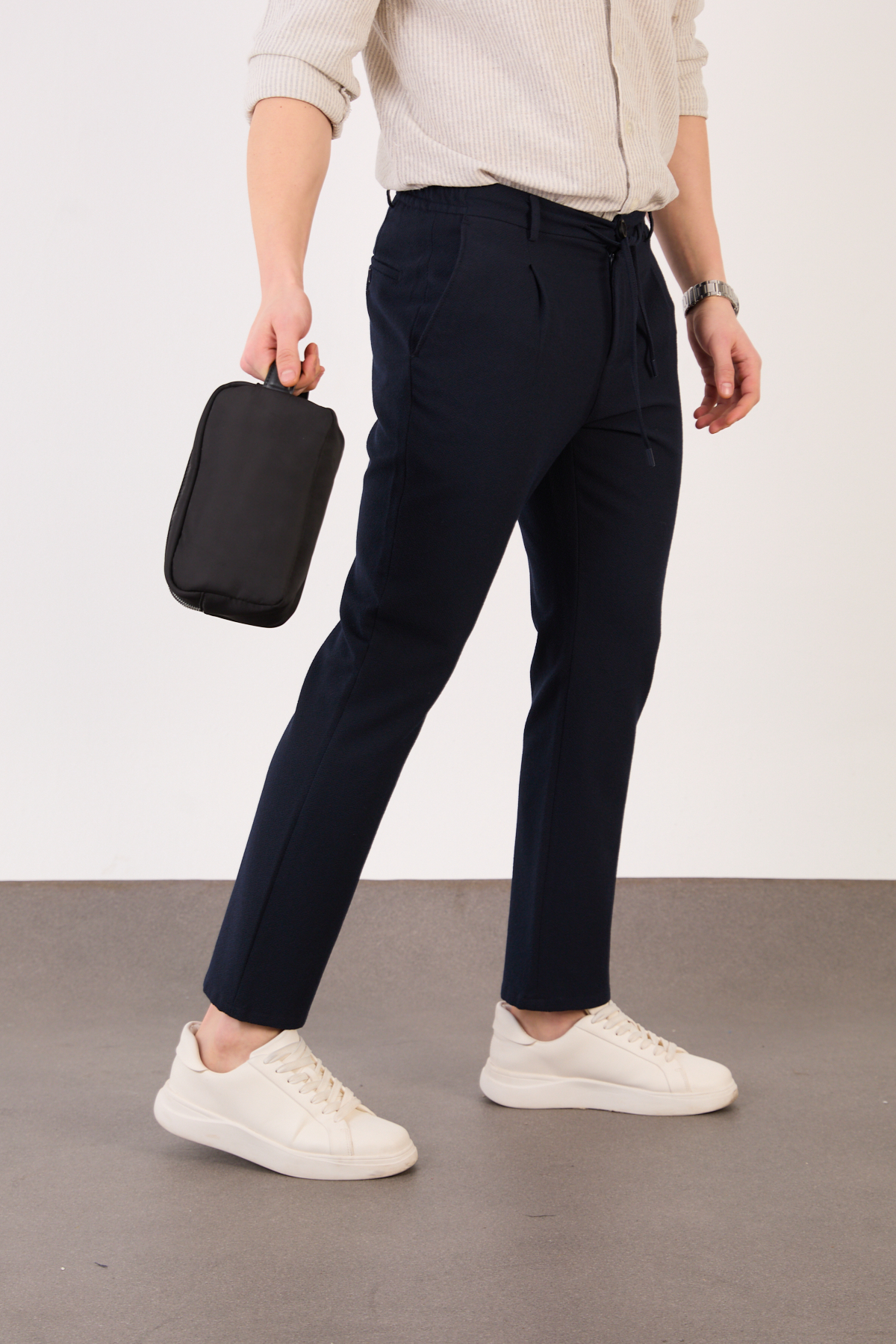 Erkek Lacivert Jogger Pantolon Yan Bel Lastikli Bağcıklı Gofre Kumaş 2525 Model