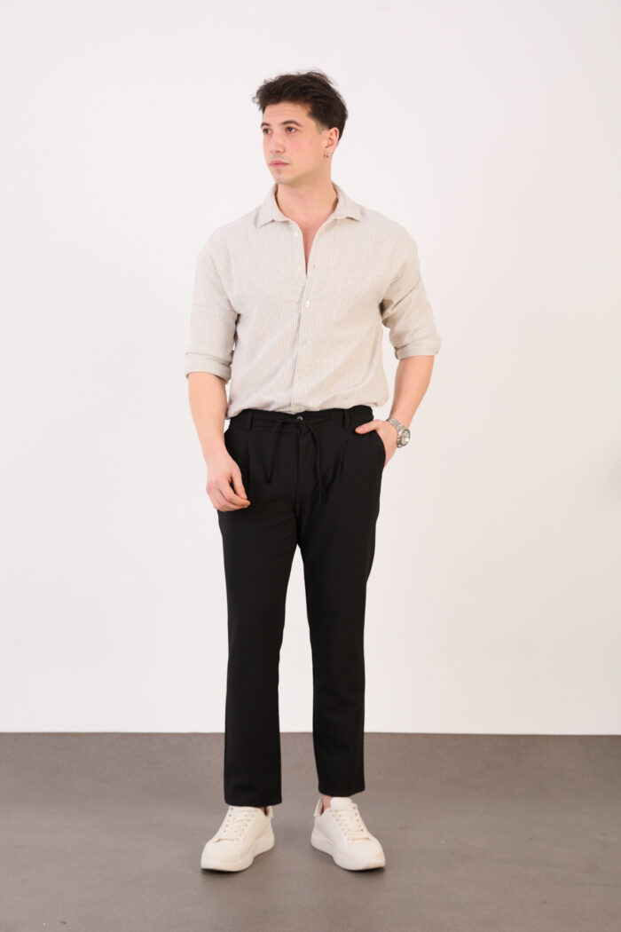 IMGL1399 Erkek Siyah Jogger Pantolon Yan Bel Lastikli Bağcıklı Gofre Kumaş 2525 Model - Görsel 1