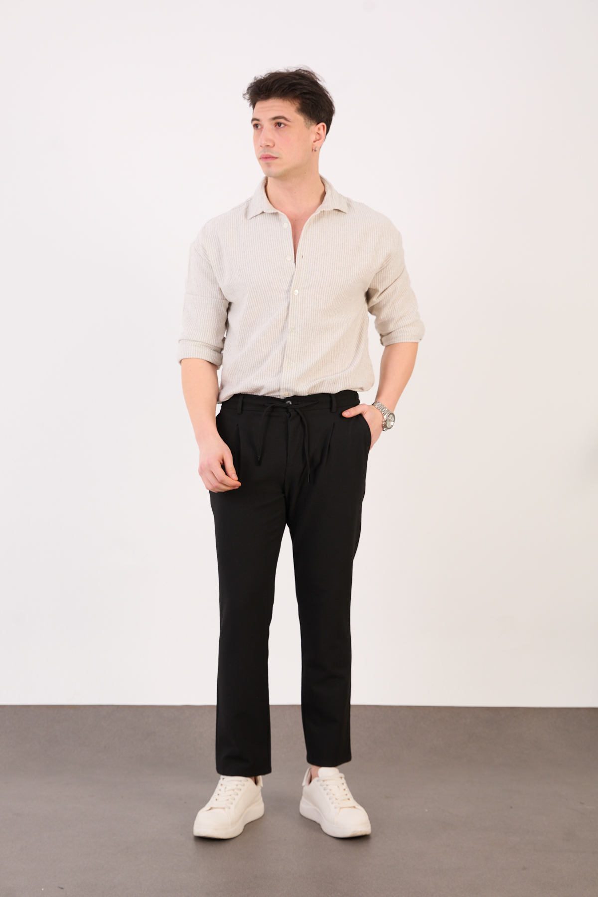 Erkek Siyah Jogger Pantolon Yan Bel Lastikli Bağcıklı Gofre Kumaş 2525 Model