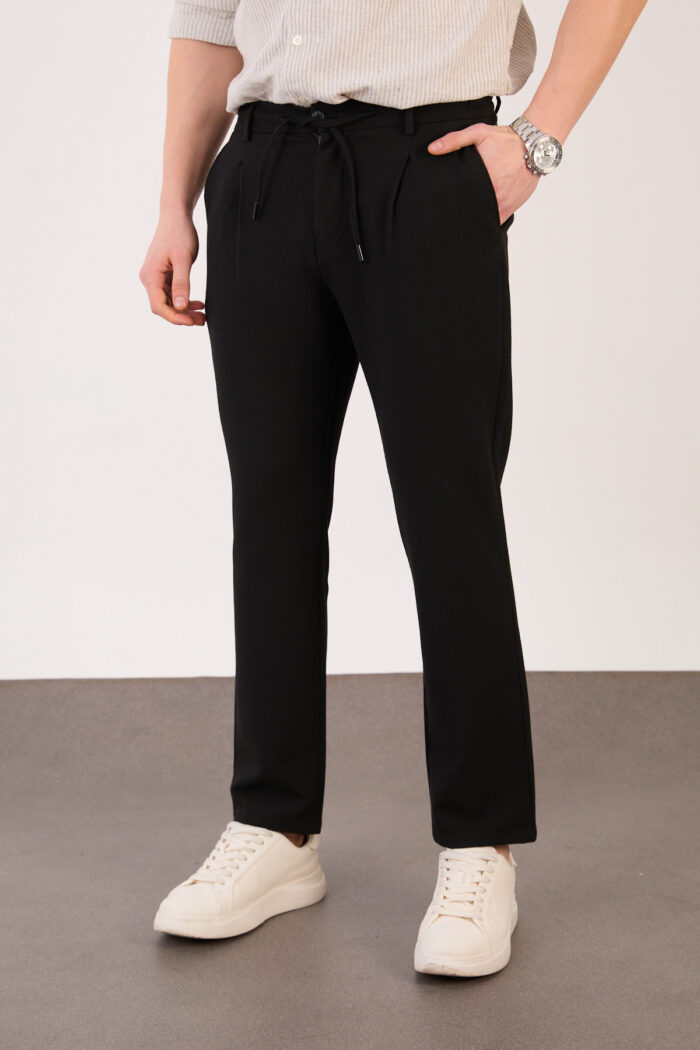 Erkek Siyah Jogger Pantolon Yan Bel Lastikli Bağcıklı Gofre Kumaş 2525 Model - Görsel 2