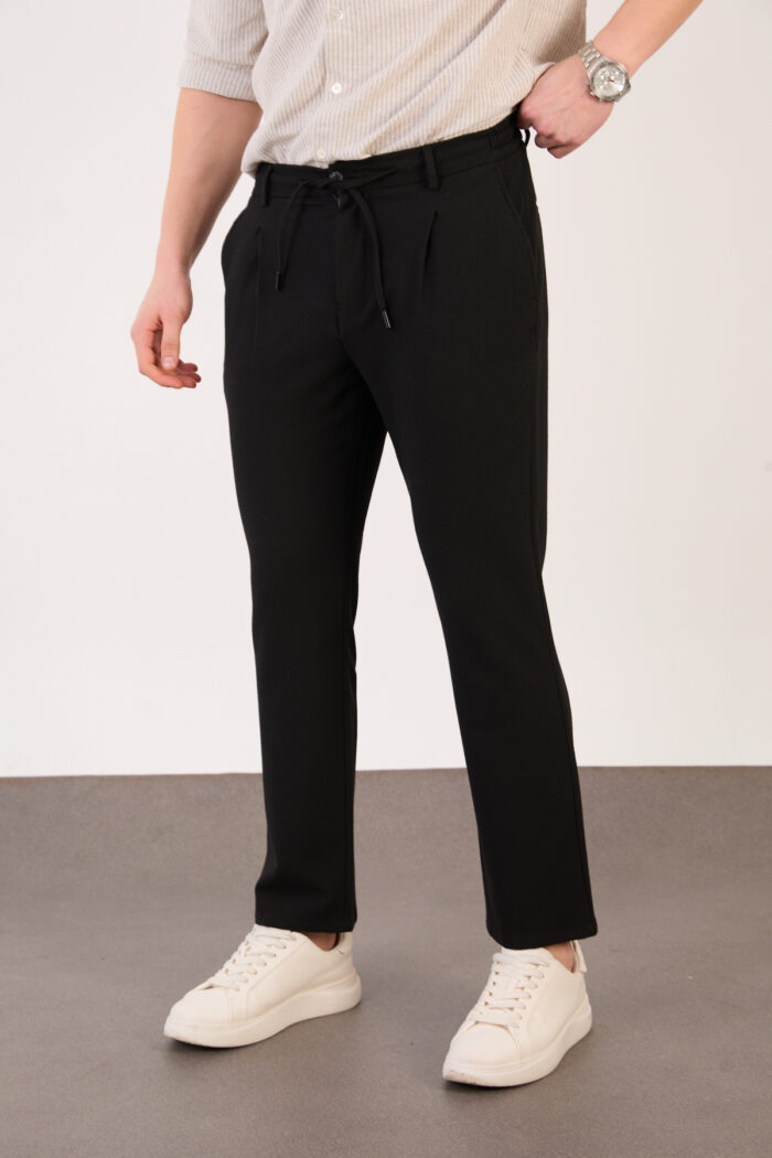 Erkek Siyah Jogger Pantolon Yan Bel Lastikli Bağcıklı Gofre Kumaş 2525 Model - Görsel 3