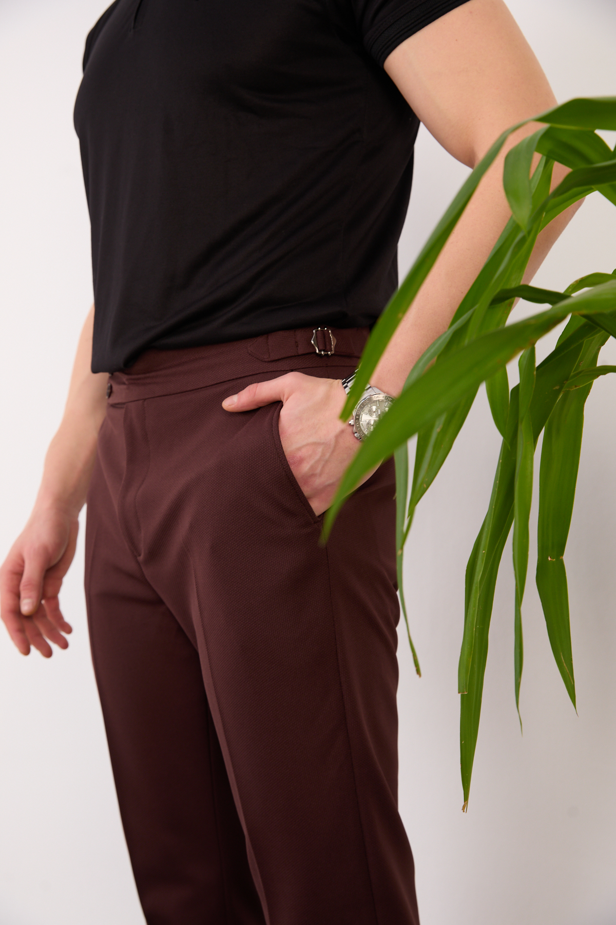 Erkek Kahve Slim Fit İtalyan Kesim Yan Bel Toka Detaylı Pantolon 011 Model