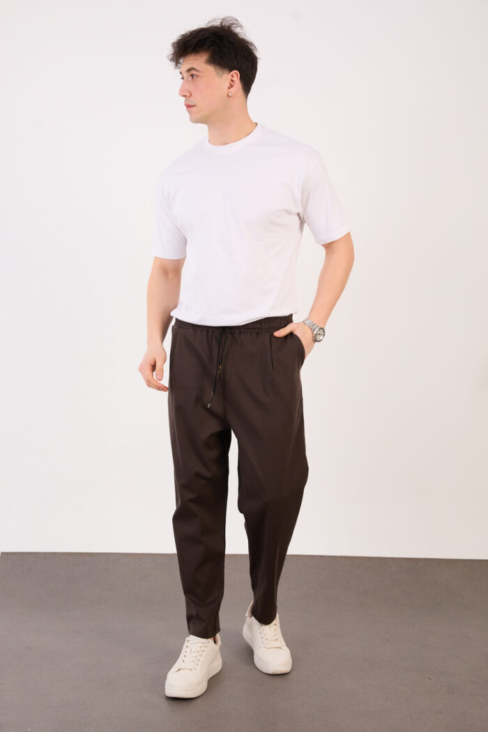 IMGL1474 Erkek Koyu Kahve Yarı Şalvar Gabardin Likralı Bel Lastikli Bağcıklı Pantolon 2606-1 Model - Görsel 1