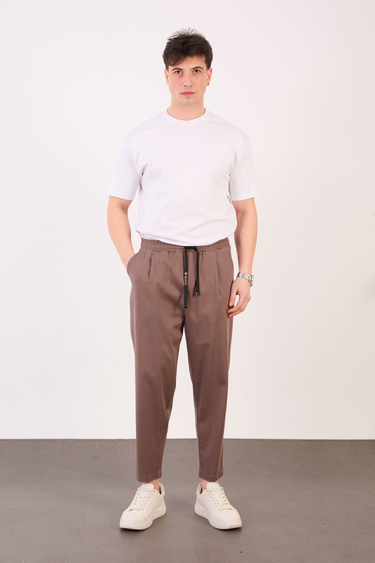 Erkek Bej Yarı Şalvar Gabardin Likralı Bel Lastikli Bağcıklı Pantolon 2606-1 Model