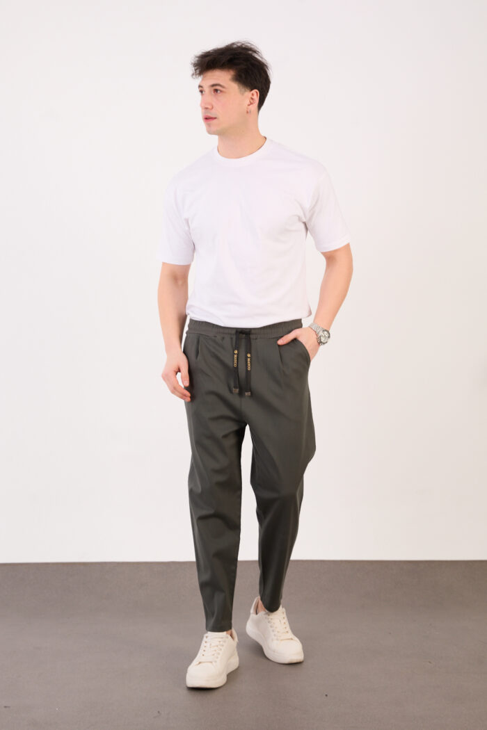 Erkek Koyu Antrasit Şalvar Gabardin Likralı Bel Lastikli Bağcıklı Pantolon 2606-1 Model - Görsel 1