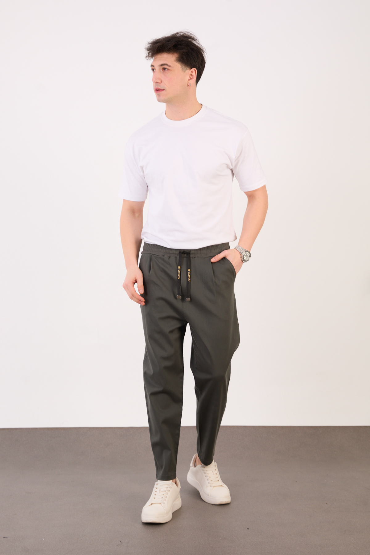 Erkek Koyu Antrasit Şalvar Gabardin Likralı Bel Lastikli Bağcıklı Pantolon 2606-1 Model