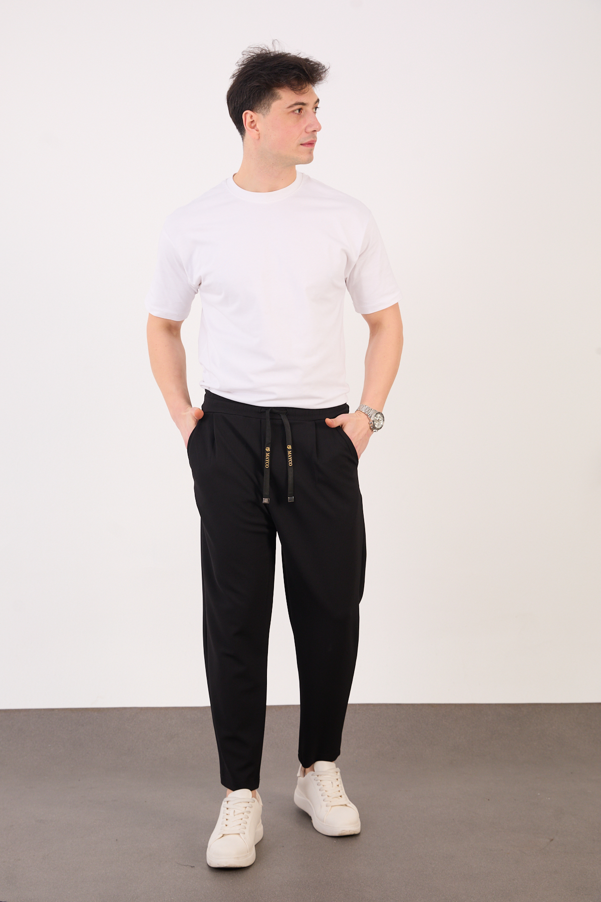 Erkek Siyah Zara Kesim Yarı Şalvar Lastikli Bağcıklı Pantolon 2606 Model